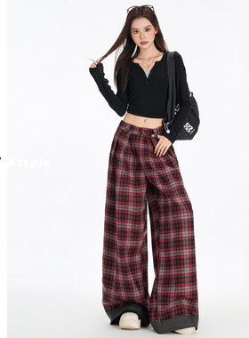 日本offcat红色格子休闲裤女春秋季2026新款翻边设计感直筒宽松慵