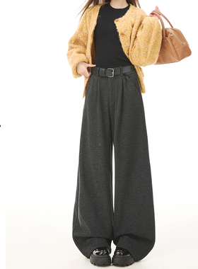 日本offcat灰色加厚毛呢阔腿西装裤女秋冬季新款百搭直筒宽松显瘦