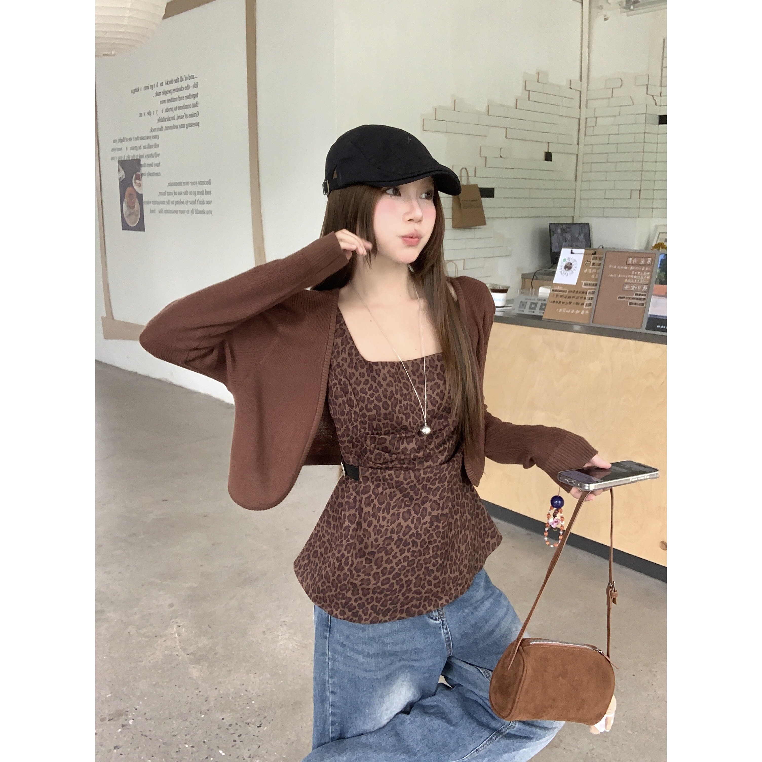 日本offcat美式复古咖色短款针织披肩女春季辣妹风套装豹纹吊带连