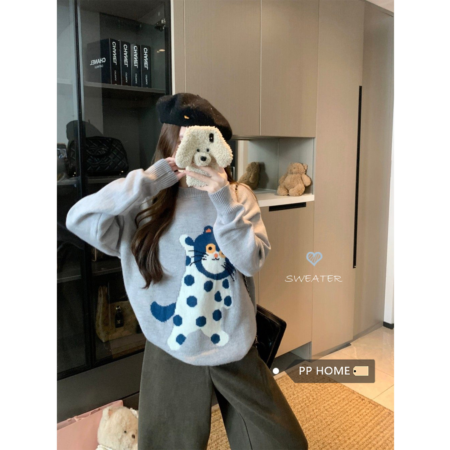 日本offcat甜美风卡通猫咪提花圆领长袖毛衣女秋冬百搭减龄针织衫