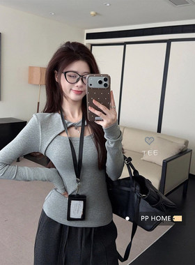 日本offcat辣妹风灰色螺纹磨毛长袖内搭打底衫女秋冬镂空扭结长袖