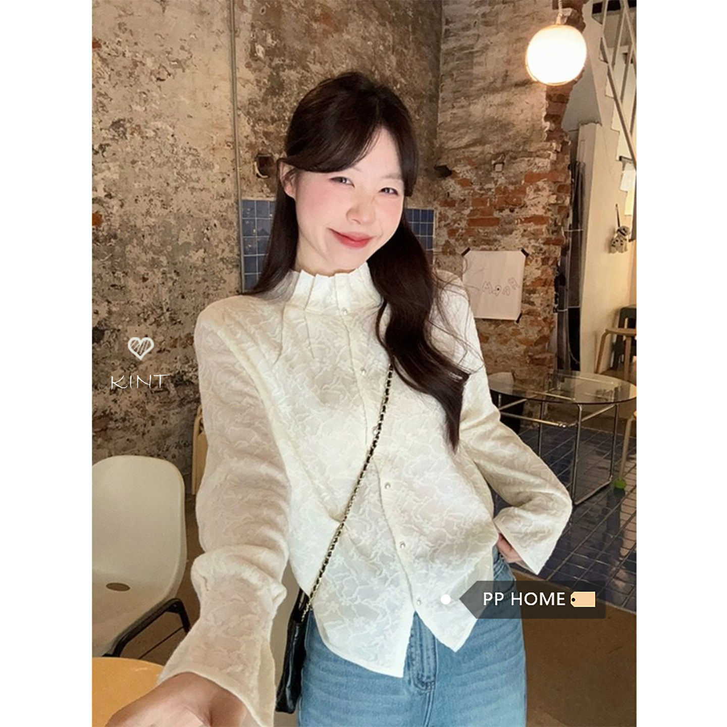 日本offcat高级感乳白色立领褶皱提花衬衣女秋冬百搭减龄长袖开衫