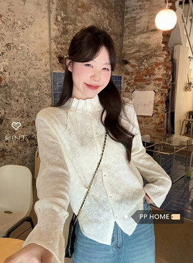 日本offcat高级感乳白色立领褶皱提花衬衣女秋冬百搭减龄长袖开衫