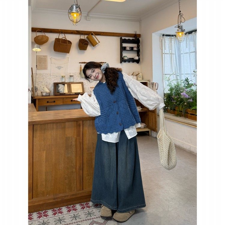 日本offcat时尚套装蓝色钩花针织马甲内搭刺绣衬衫女秋冬阔腿牛仔,女装/女士精品,时尚套装,淘宝优惠券,粉丝福利购,淘宝优惠卷