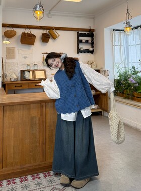 日本offcat时尚套装蓝色钩花针织马甲内搭刺绣衬衫女秋冬阔腿牛仔