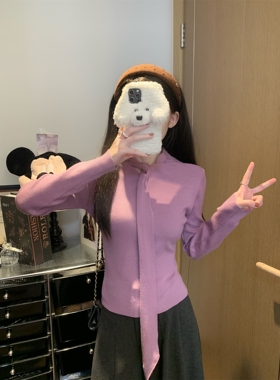 日本offcat韩系气质紫色斜肩飘带长袖针织衫女春季修身显瘦打底衫