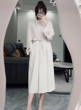 日本offcat白色立领中长款风衣外套女2025秋季新款高级感垂感系带
