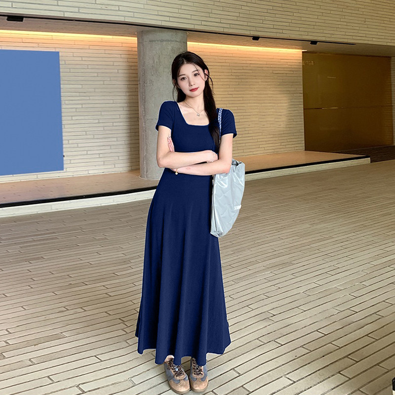 日本offcat纯色修身气质短袖连衣裙女2025夏季度假长裙垂感中长款
