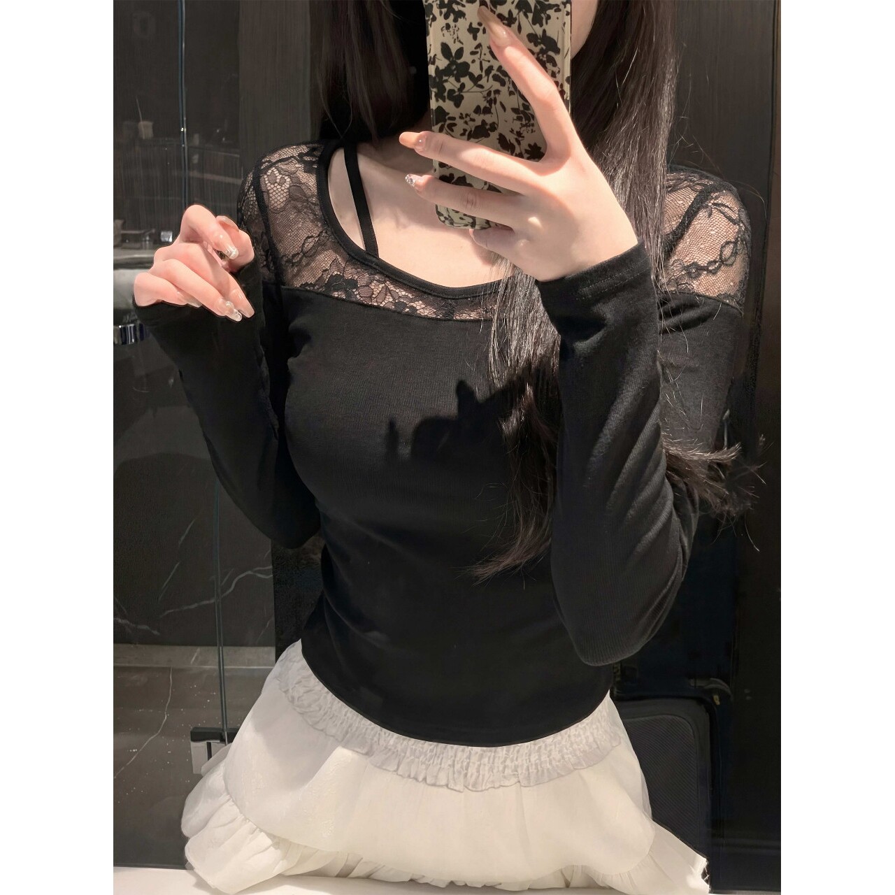日本offcat辣妹风黑色蕾丝网纱拼接长袖上衣女性感修身蕾丝拼接