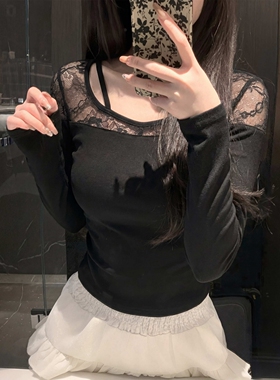 日本offcat辣妹风黑色蕾丝网纱拼接长袖上衣女性感修身蕾丝拼接