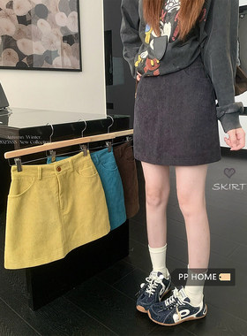 日本offcat复古气质灰蓝色灯芯绒包臀短裙女秋冬高腰显瘦A字裙半