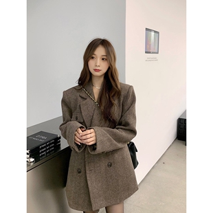 日本offcat咖色人字纹短款毛呢西装外套女2024秋冬季新款加厚小个