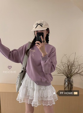 日本offcat韩版ins风蝴蝶结印花紫色圆领长袖卫衣女秋冬宽松显瘦