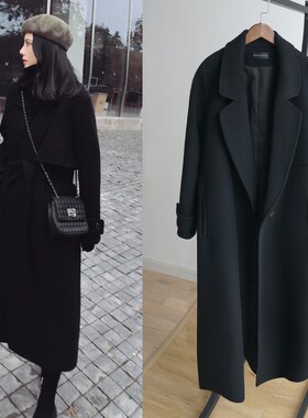 日本offcat黑色毛呢外套女2024新款复古小个子中长款修身双面呢子