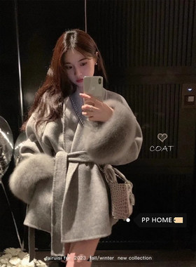 日本offcat富家千金风灰色短款毛呢外套女秋冬气质收腰系带小个子