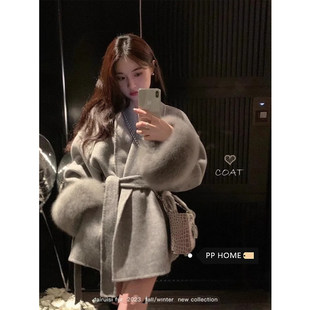 日本offcat富家千金风灰色短款毛呢外套女秋冬气质收腰系带小个子