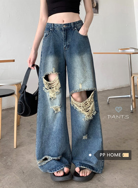 日本offcat美式高街蓝色水洗做旧破洞牛仔裤女秋冬小个子宽松阔腿