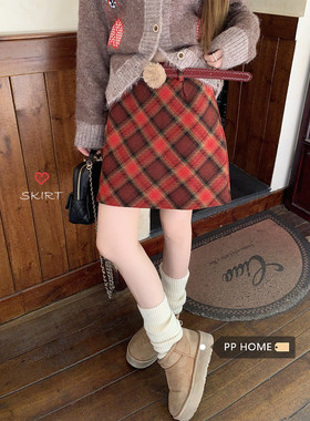 日本offcat韩系复古红色格纹拼色休闲半身裙女秋冬修身显瘦A字裙