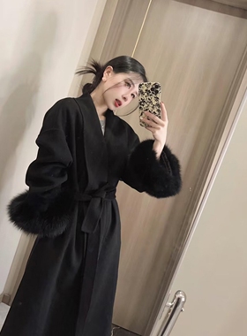 日本offcat黑色狐狸毛双面呢子大衣女2024冬季新款赫本风高级感气