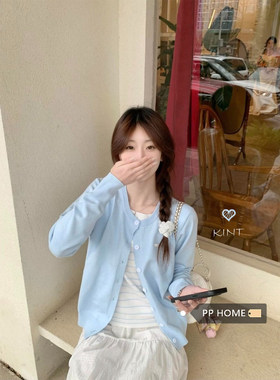 日本offcat韩系温柔蓝色圆领长袖针织开衫女秋冬宽松百搭减龄毛衣