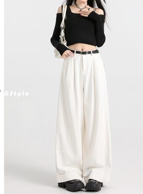 日本offcat白色褶皱阔腿休闲裤女秋冬新款高腰慵懒松弛感宽松百搭