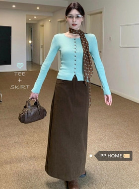 日本offcat韩系复古绿色短款长袖毛衣女秋冬高腰显瘦咖色半身裙两