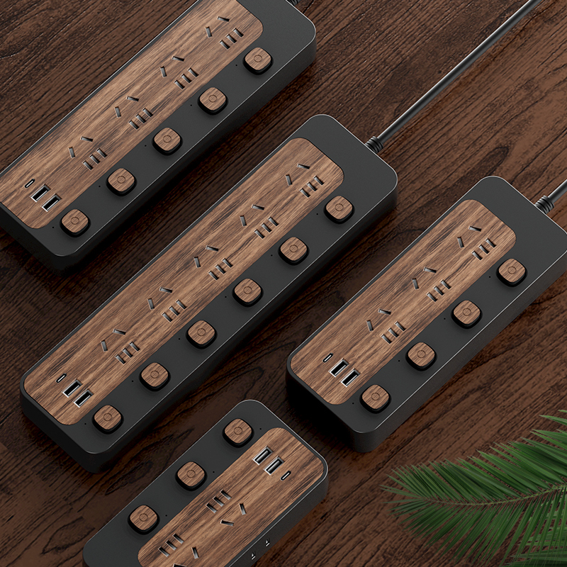 全铜木纹插座带USB充电口多开关排插防雷家用学生宿舍拖线插板