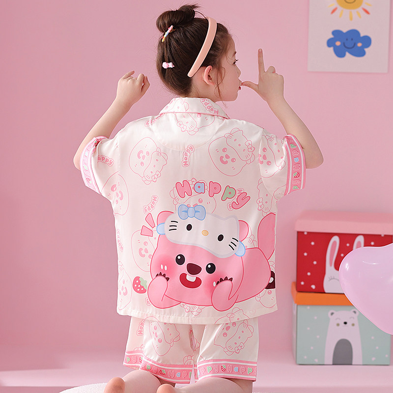 2025新款女童睡衣夏季冰丝短袖薄款中大童海狸儿童女孩家居服套装
