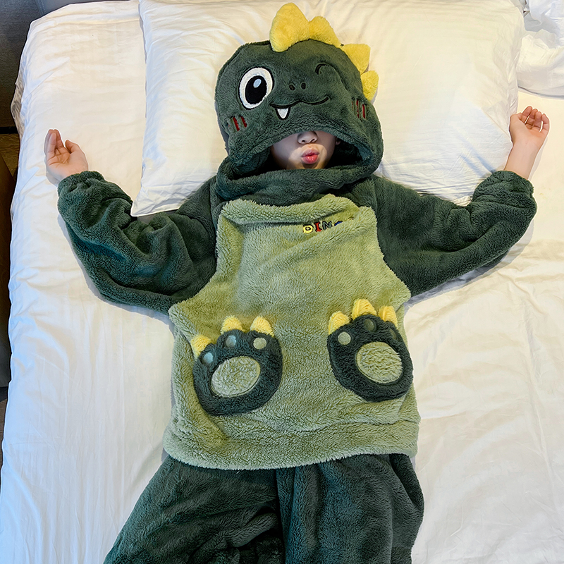 儿童搞怪睡衣男童2025新款恐龙秋冬季珊瑚绒加厚法兰绒中大童套装