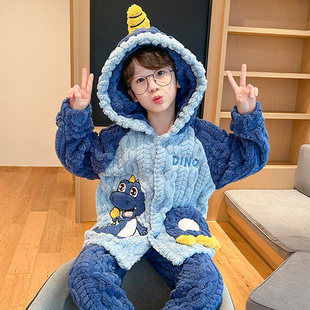 儿童睡衣男孩2025新款 秋冬珊瑚绒卡通恐龙加绒保暖法兰绒男童套装