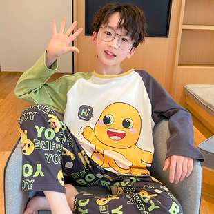 儿童睡衣男童春秋季纯棉长袖薄款2025新款男孩青少年大童奶龙套装