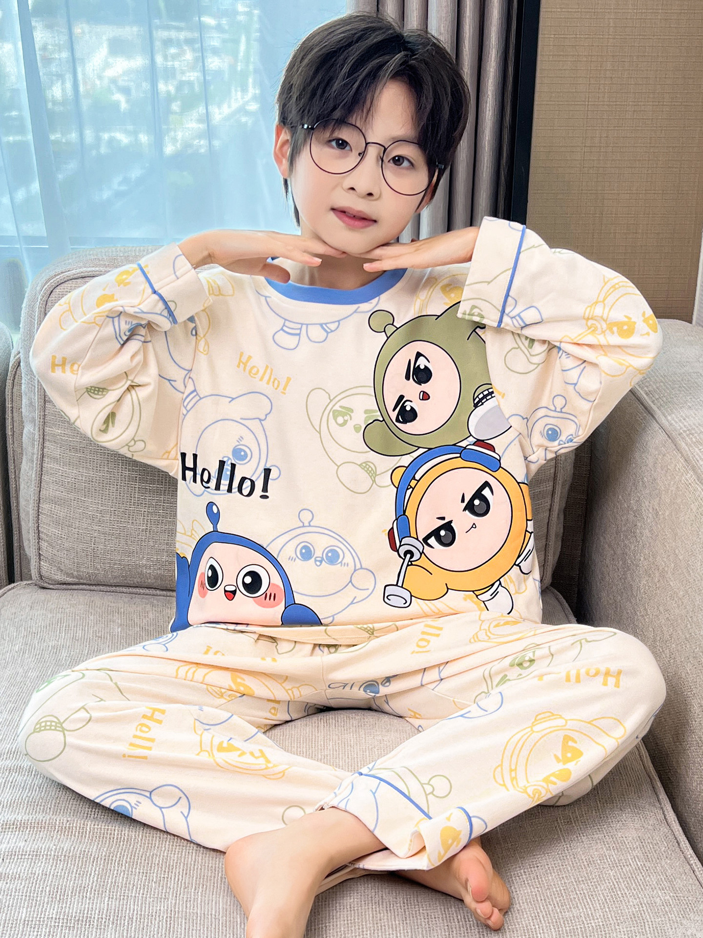 Oğlan uşaqları üçün pambıq pijama dəsti, uzun qollu