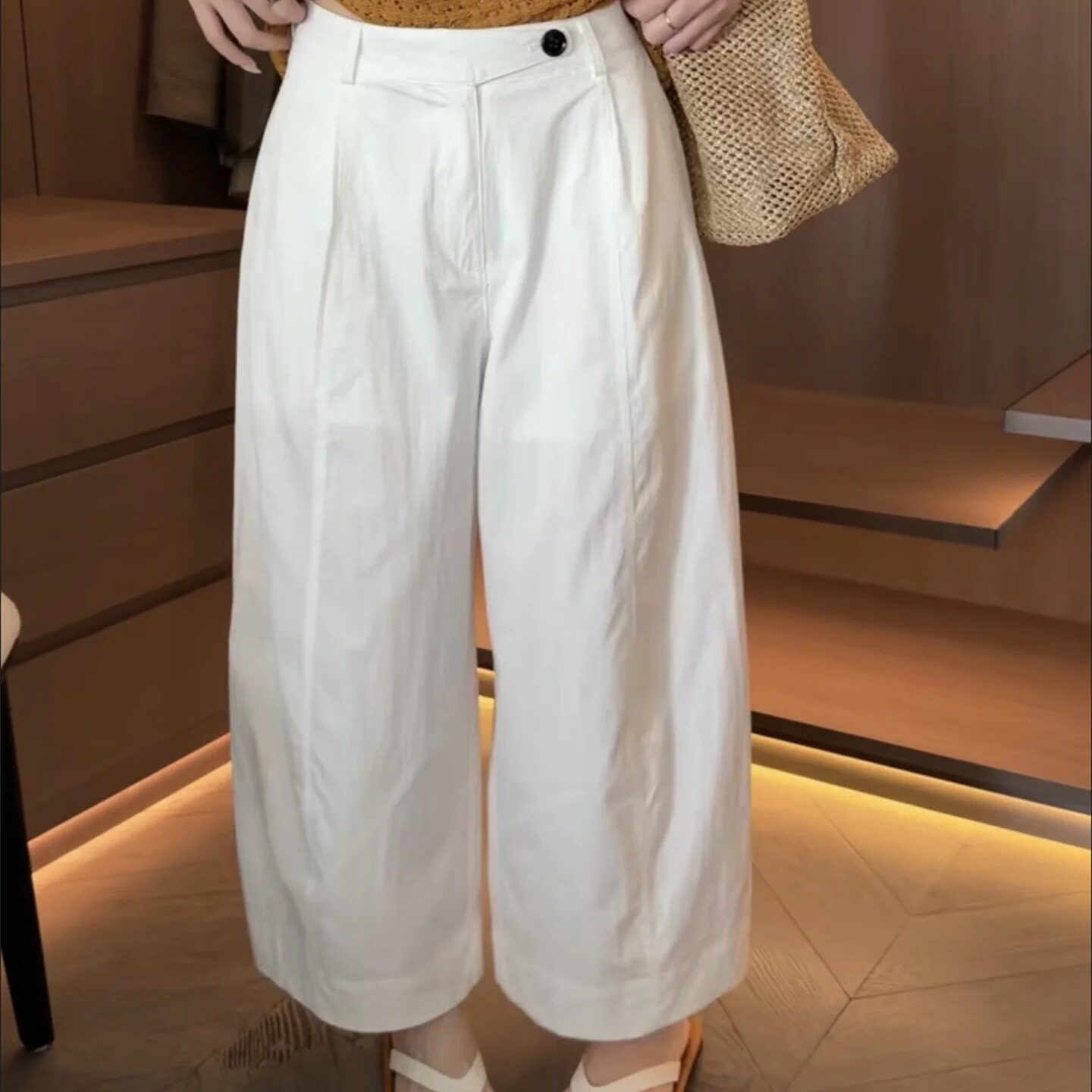 夏季高腰白色九分显瘦阔腿裤女