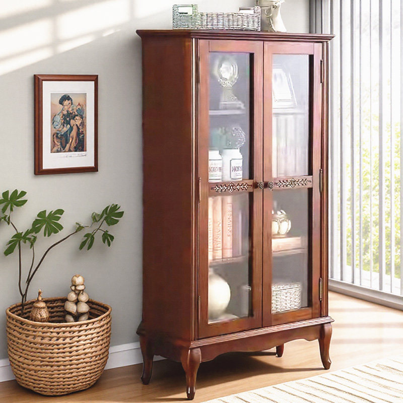 玻璃门书柜带门书架实木落地推拉门美式储物柜书橱展示柜电视边柜