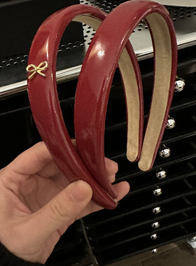 显白王者～复古新年红色pu皮蝴蝶结发箍女宽边高颅顶压发洗脸头箍