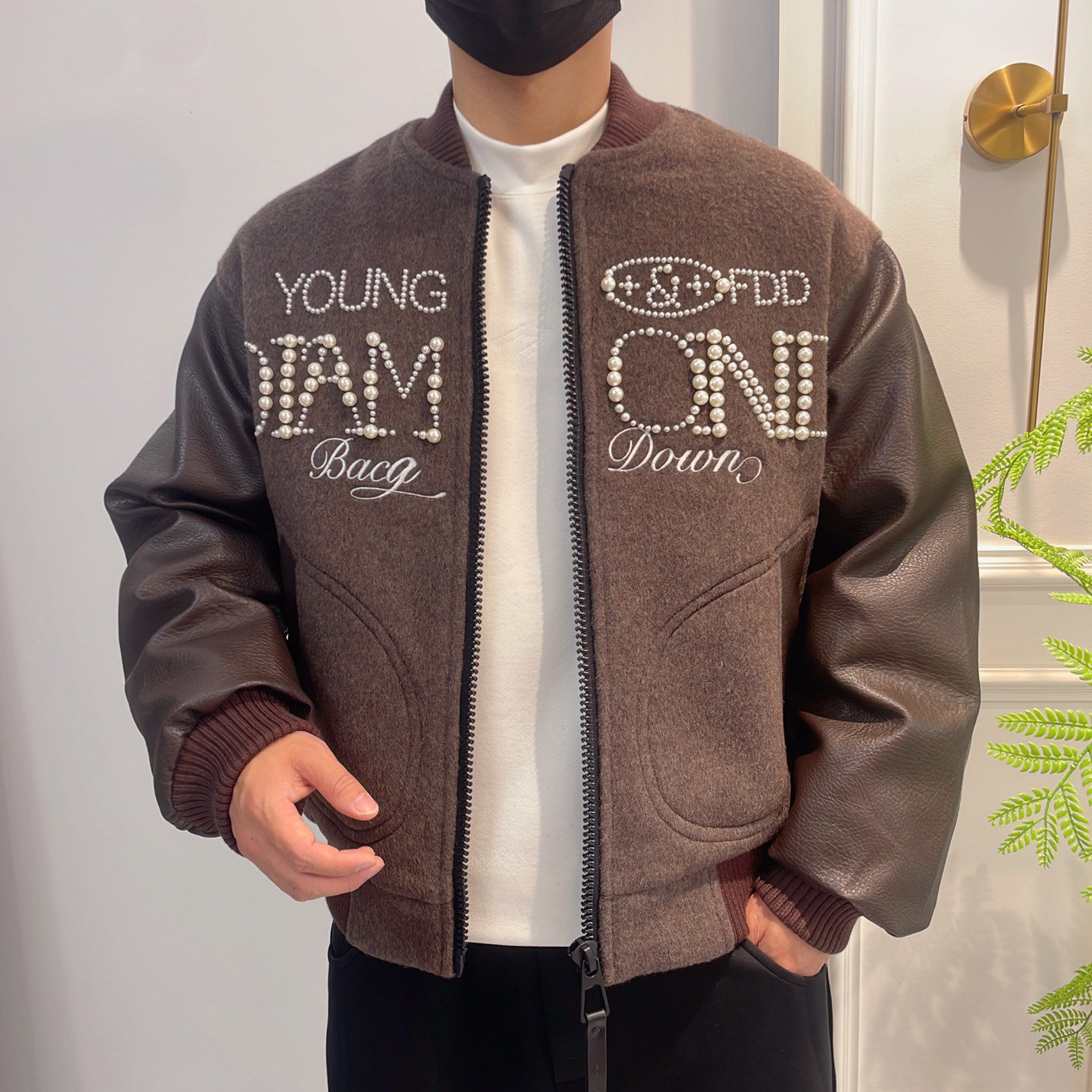 冬季男士时尚潮流重工拼接钉珠棒球服90鸭绒羽绒服羊毛外套夹克