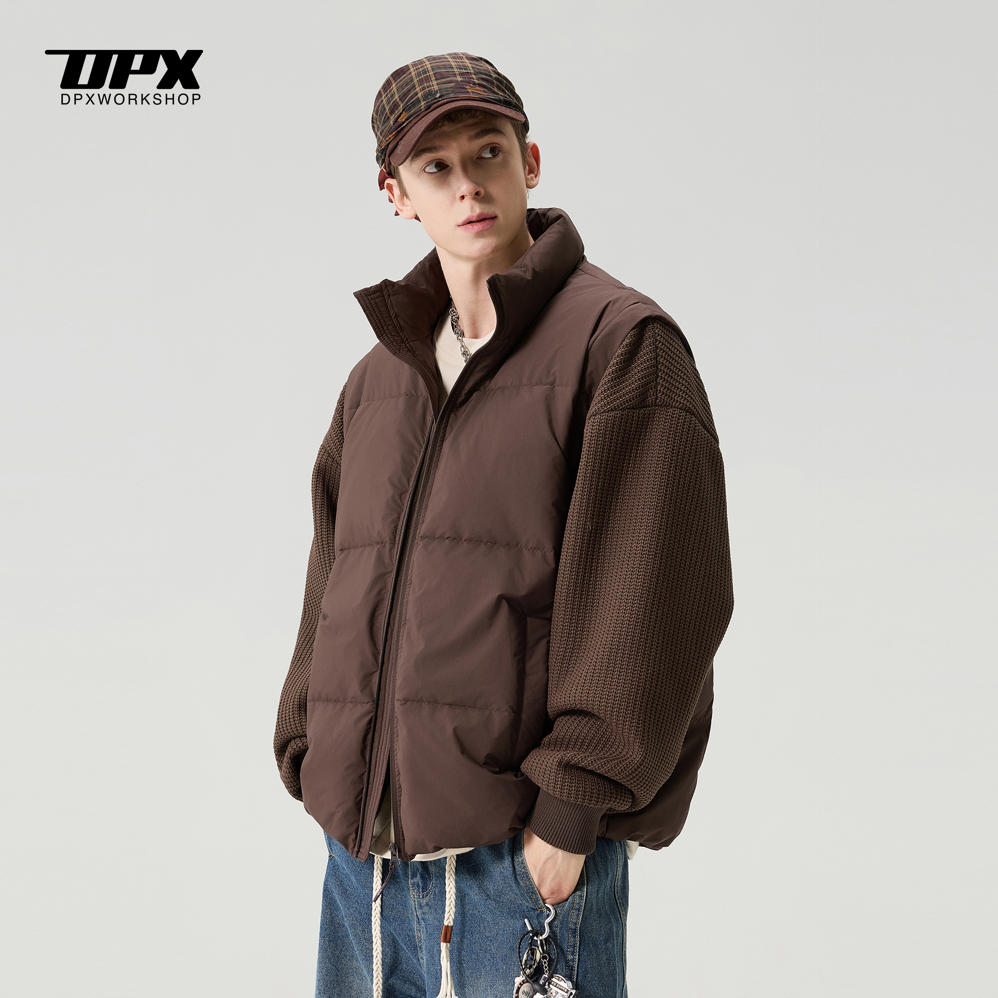 90白鸭绒可拆卸袖立领羽绒服男款冬季美式大码坎肩马甲外套男