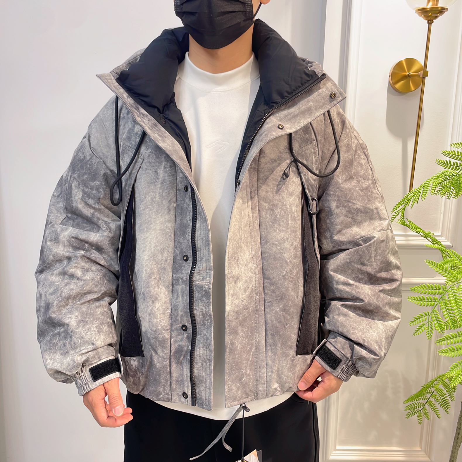 易麦冬季男士时尚潮流休闲连帽迷彩拼接90白鸭绒羽绒服冲锋衣外套