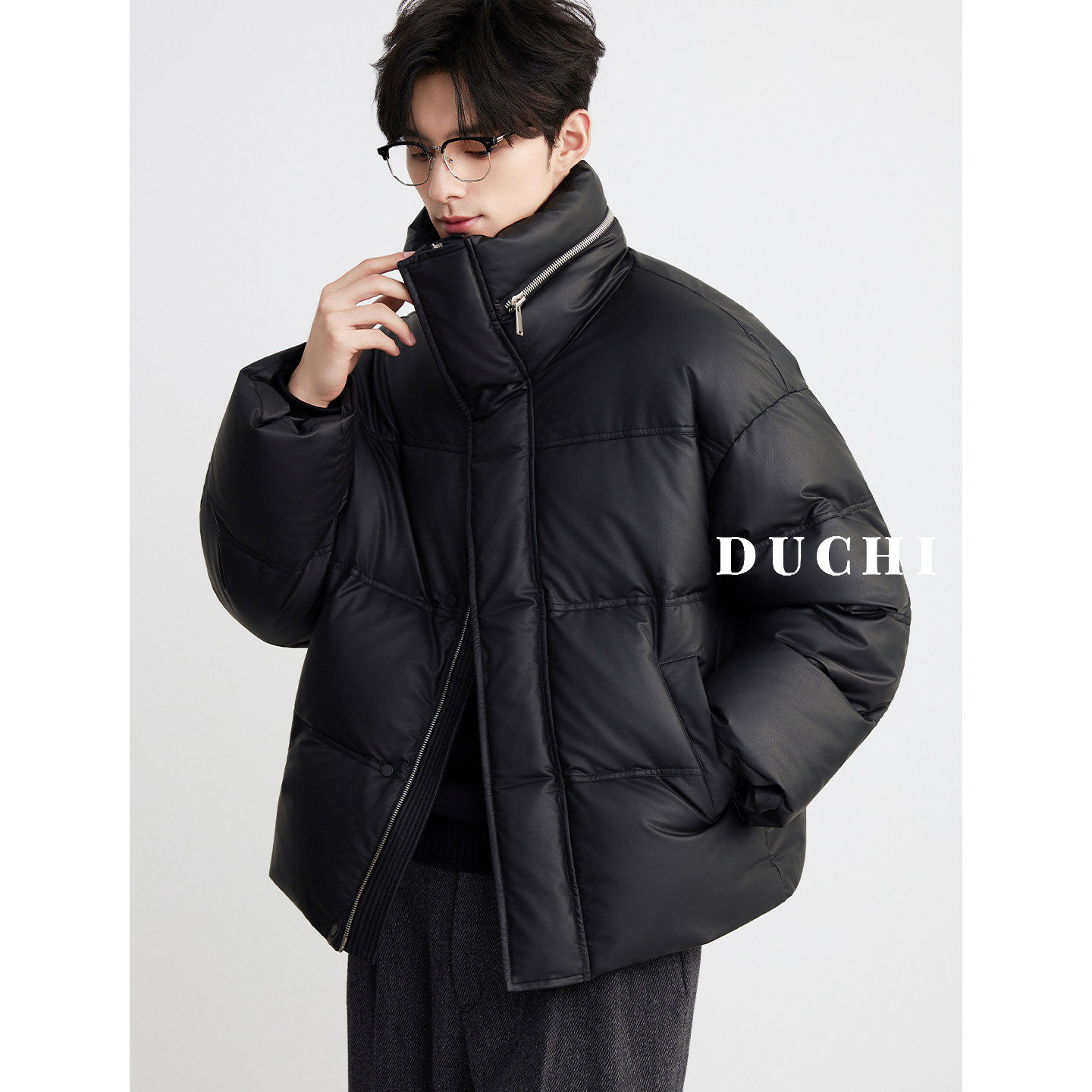 复古PU皮立领保暖羽绒服2025冬季新款男士加厚90白鸭绒防风外套