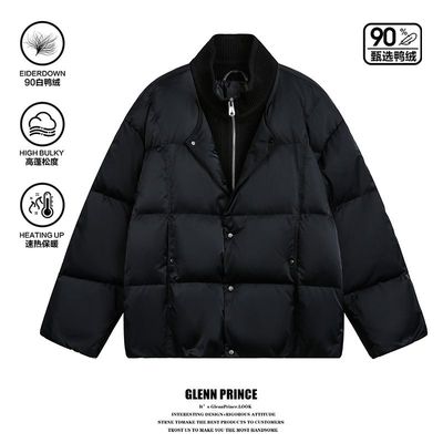 美式潮牌假两件立领羽绒服男款冬季高级感宽松白鸭绒外套