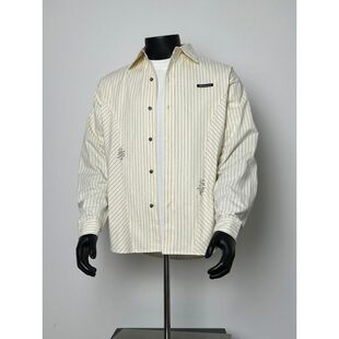 高街休闲翻领长袖 男女同款 衬衣情侣 潮牌刺绣条纹衬衫 美式