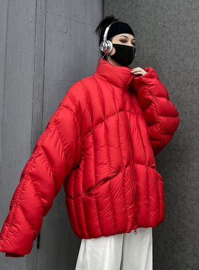 潮牌红色高充绒绗缝羽绒服女冬季2025高领加厚面包服保暖外套