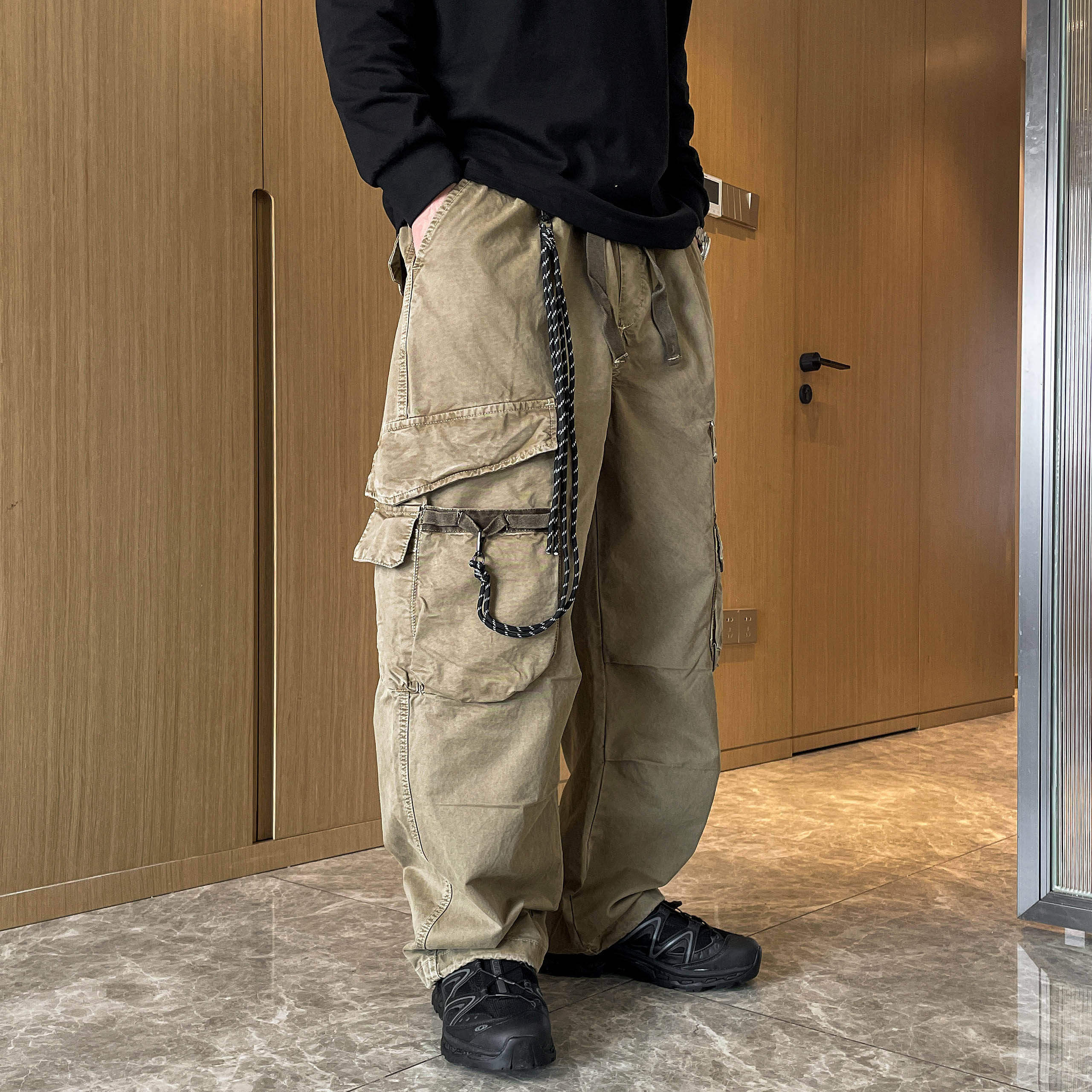 美式工装风卡其色多口袋大码阔腿裤男春秋宽松绳子装饰休闲长裤