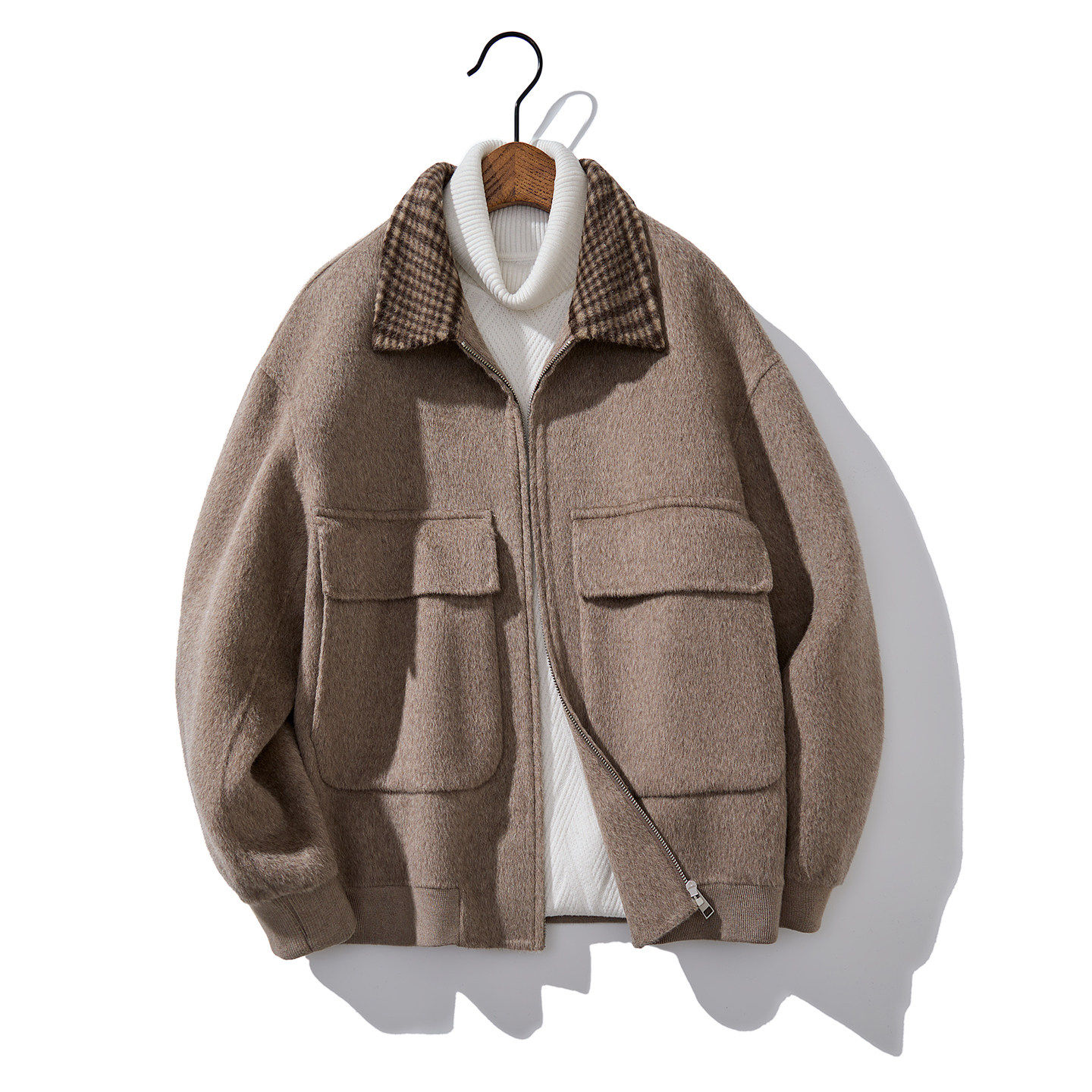 100%绵羊毛双面毛呢短款外套25秋冬季新款翻领格纹设计休闲男夹克,男装,毛呢大衣,淘宝优惠券,粉丝福利购,淘宝优惠卷