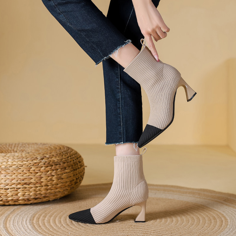 王妃鞋飞编针织春秋冬四季款布短靴子马丁中高跟弹力靴女士女单鞋
