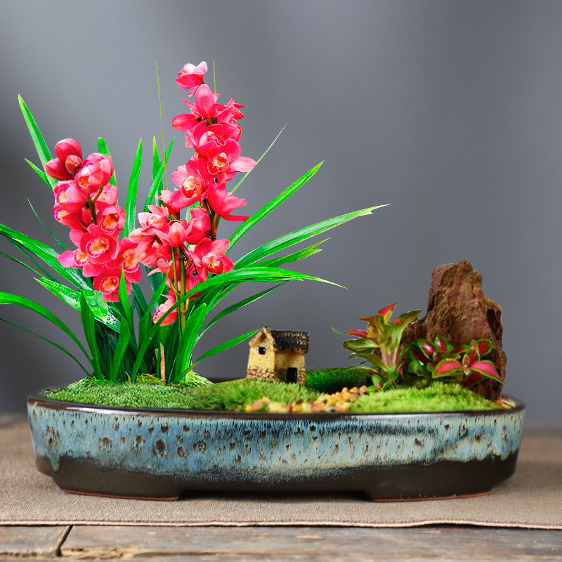 发财树假山窑金花盆陶瓷专用清仓盆景造景盆栽长方形摆件古典有孔