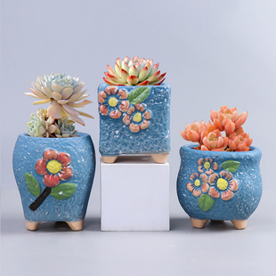 个性 圆形蓝色室内肉肉小老桩绿植方形粗陶盆透气 多肉花盆组合套装