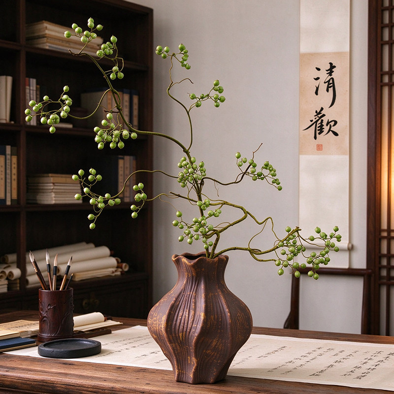 侘寂风陶瓷花瓶摆设宋代美学中式书房客厅玄关干花花束插花瓶摆件