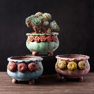 简约田园陶瓷多肉花盆手工捏花大号拼盘室内桌面创意粗陶透气盆栽