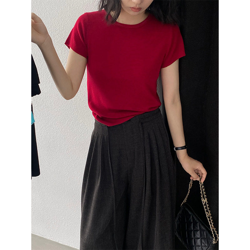 韩系红色短袖针织衫女秋季2025新款软糯羊毛衫休闲百搭打底衫上衣